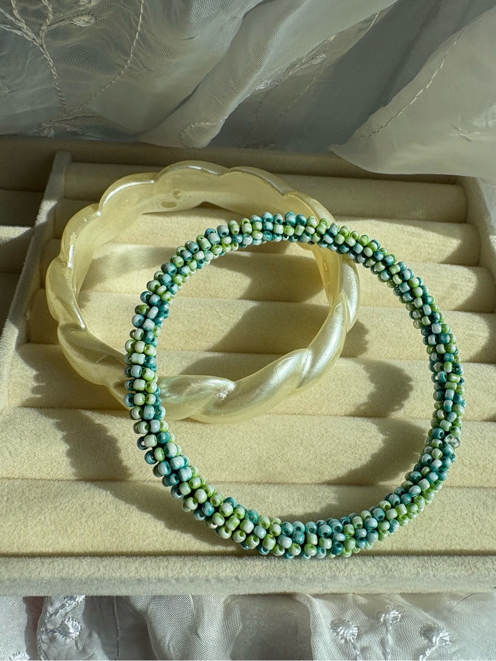VINTAGE Bracelet Set Beaded Green and Teal Bracelet Set - Stackable Bangles